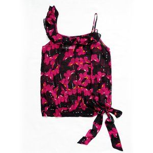 Semi-Sheer Butterflies Ruffle Trim Tie Hem Top S